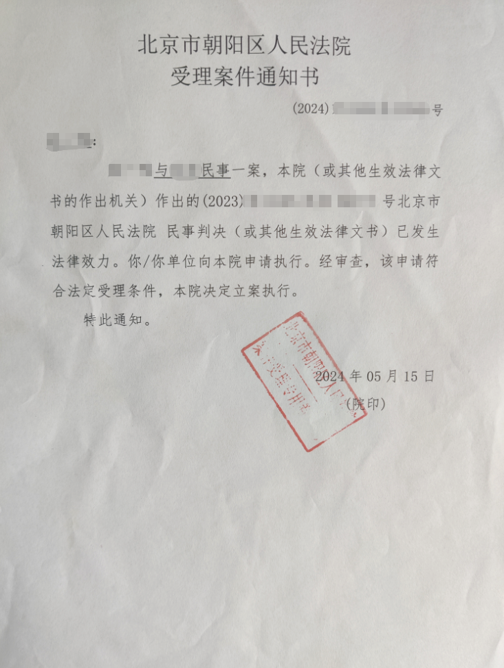北京市朝阳区人民法院受理案件通知书